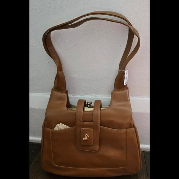 Vintage Lou Taylor Light Brown Structured Leather Classic Shoulder Purse - Picture 1 of 10